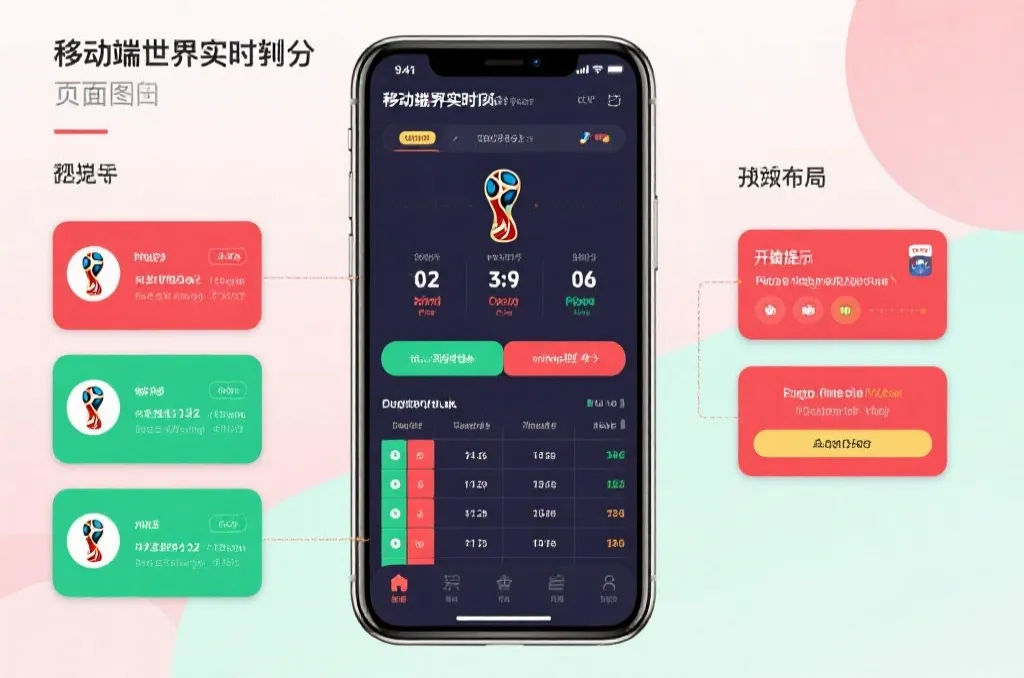 手机端世界杯实时比分页面示意图,包含比分、积分榜和出线提示的联动布局
